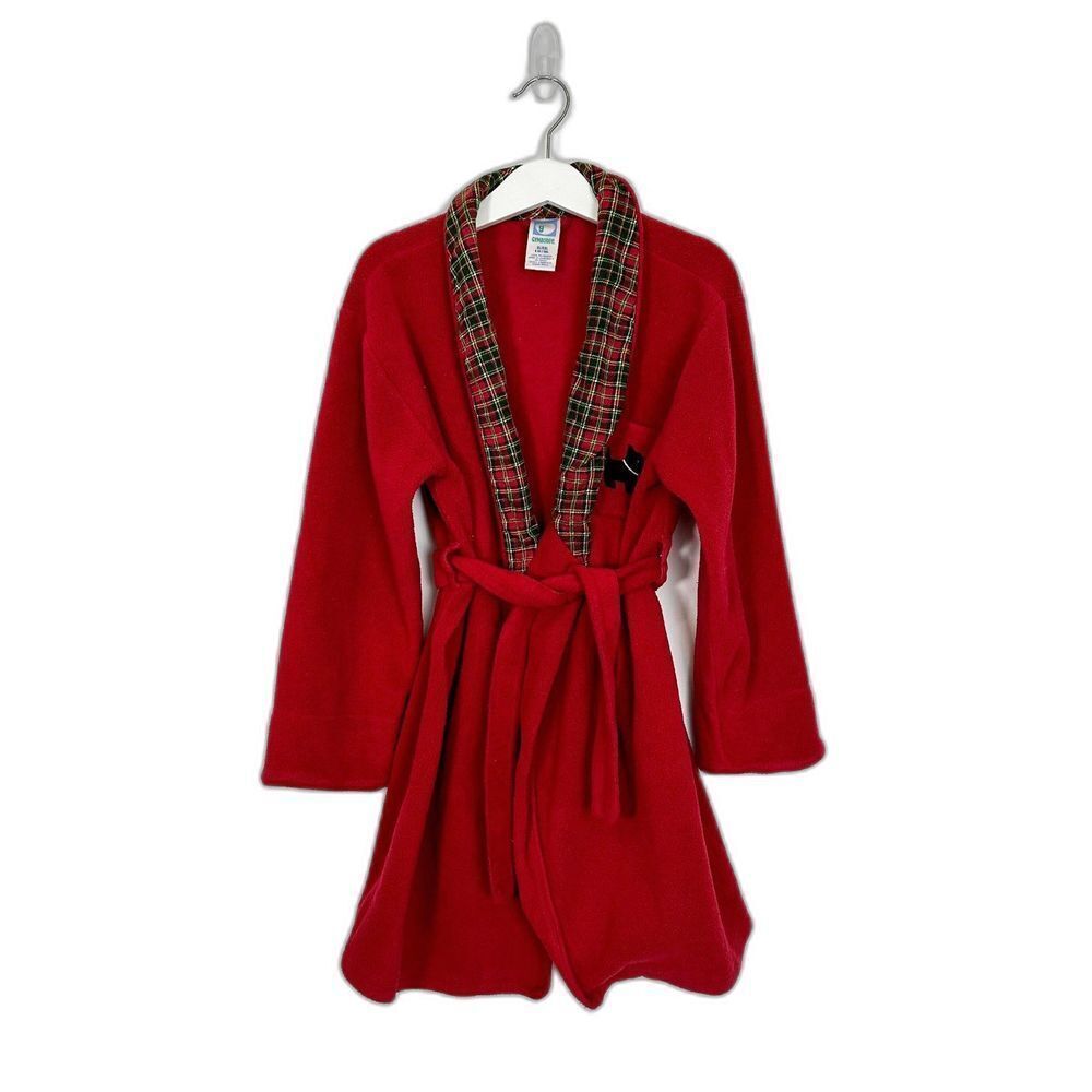 Vintage Gymboree Kids Red Plaid Holiday Fleece Robe Sz 6-7 Dog Pocket